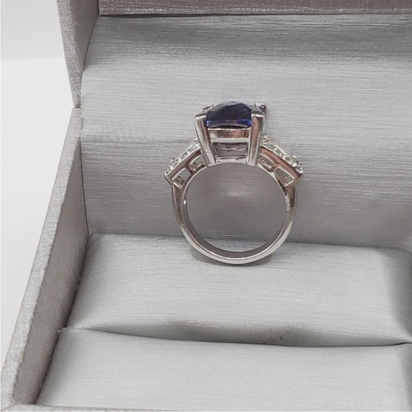 Checkerboard Cut Genuine Tanzanite & Diamond Simulant 925 Sterling Silver Ring - Picture 3 of 7